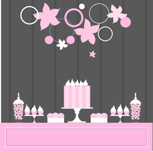 جدول شیرین با کیک و کیک نوار دسر عروسی رنگ های صورتی تصویر برداری