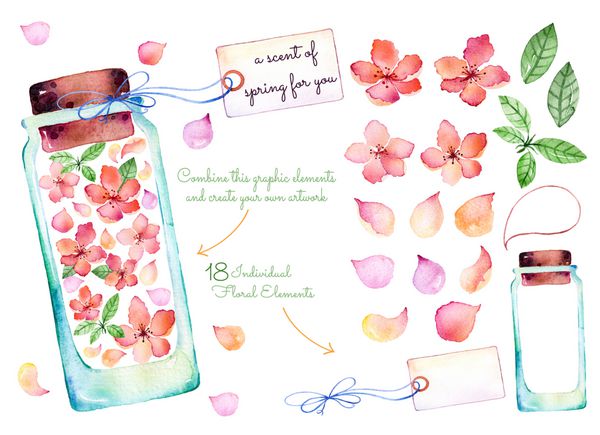 مجموعه آبرنگ بنفش 18 عنصر از عناصر مخصوص طراحی شما با گل های درخشان ظریف برگ ها گلبرگ های گل شیشه های شیشه ای برچسب برای پیام شما یک بوی بهار برای خودتان بخورید
