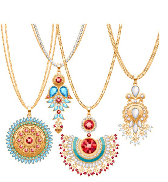 مجموعه ای از زنجیرهای طلایی با آویزهای مختلف گردنبند با ارزش قومی هند سبک آویز آویز با مروارید سنگ های قیمتی شامل زنجیرهای برس