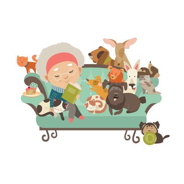زن قدیمی با گربه ها و سگ هایش