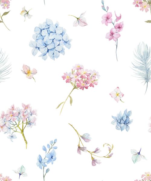الگوی گلدار آبی رنگ ملایم گل های هوربزی پر پس زمینه سفید