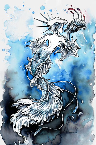 نقاشی آبرنگ نقاشی با یک دم بتا ماهی و یک پوسته در دست او در پس زمینه آبی