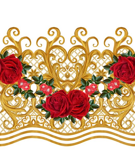 الگوی بدون درز فرورفتگی طلایی عربی عربی سبک شرقی توری های درخشان گل های تلطیف شده بافت آجری ظریف پس زمینه طلایی ترکیب گل سرخ گل رز قرمز