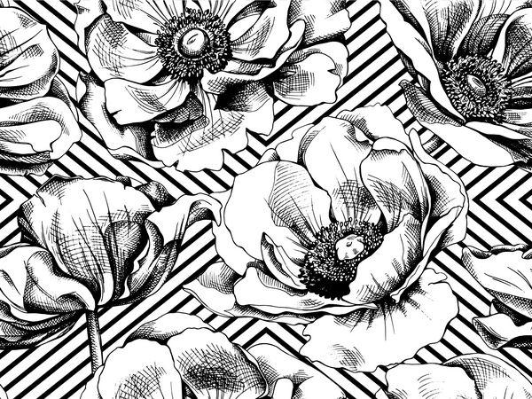 الگوی بدون درز با تصویر گل anemones در پس زمینه هندسی تصویر برداری سیاه و سفید