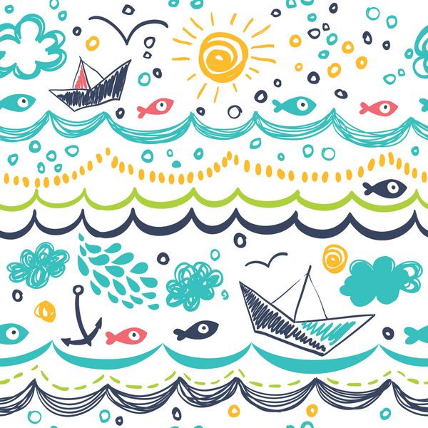 Seamless pattern in the concept of children's drawings. Seamless pattern with ships, fish, sun, clouds, sea and waves.
