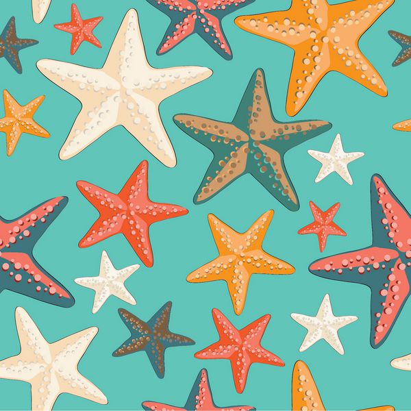 زیبا رنگارنگ الگوی بدون درز ستاره های دریایی تصویر برداری در پس زمینه فیروزه ای