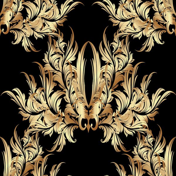 الگوی بدون درز سلطنتی Damask الگوی بدون درز عتیقه 3D طلای تزئینات باروک لوکس پس زمینه سیاه و سفید شکوفا تصویر زمینه گل با برگ های چرخش برگ گل بافت غنی برای پارچه پارچه پرده