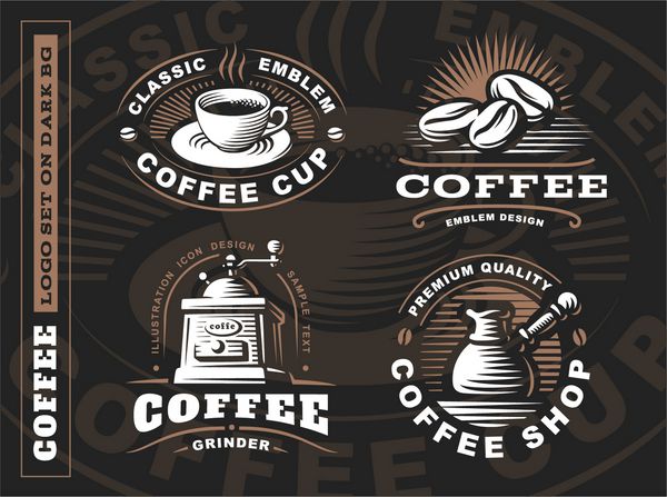 آرم قهوه تصویر برداری بروشور طراحی لوگو در پس زمینه سیاه و سفید