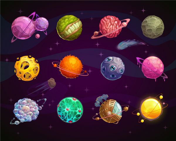سیارات رنگارنگ فانتزی مجموعه مجموعه کیهانی خنک برای طراحی بازی تصویر برداری