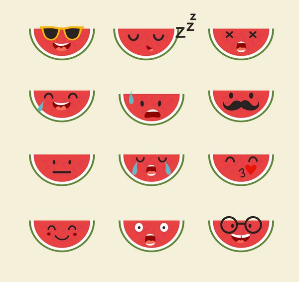 مجموعه مربع شکل مربع شکل Emoji ناز هندوانه با صورت تصویر ناز رنگارنگ تصویر زمینه هندوانه سبک کاریکاتور