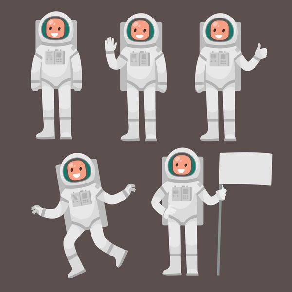 مجموعه ای از شخصیت فضانورد در زمینه های مختلف در یک پس زمینه جداگانه تصویر برداری در یک سبک صاف