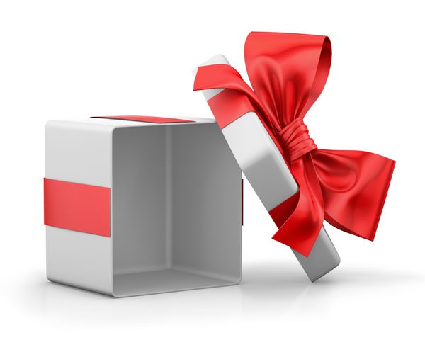 جعبه هدیه باز با تعظیم قرمز جدا شده بر روی سفید