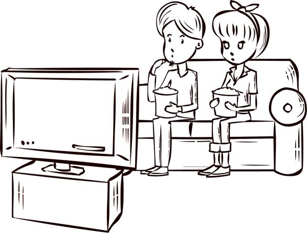 زن و شوهر تماشای تلویزیون مخاطبان تلویزیون برنامه تلویزیون پخش تلویزیونی تصویر برداری کارتونی دست کشیده شده