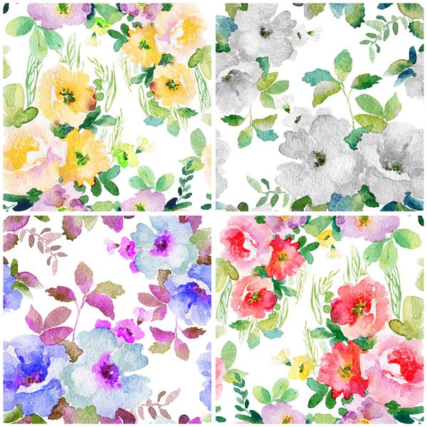 مجموعه ای از چهار الگوی بدون درز آبرنگ با گل های رنگارنگ ساده نقاشی های بهار و تابستان می توان برای کاغذ بسته بندی و هر طراحی شما استفاده کرد