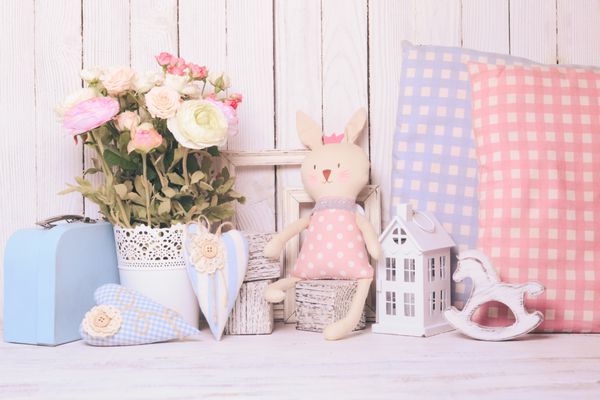 Small toy house pony toy bunny pillows in the children