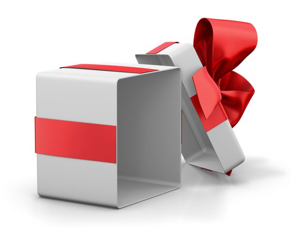 جعبه هدیه باز با تعظیم قرمز جدا شده بر روی سفید