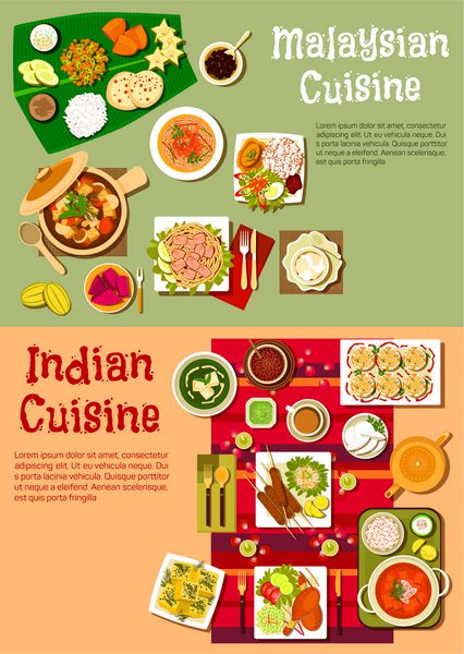 غذاهای ملی هند و مالزی با برنج و کری کباب و سبزیجات تازه خورش گوشت رشته فرنگی با میگو و توفو مرغ تندوره تندو و میوه های عجیب و غریب دسر و نوشیدنی