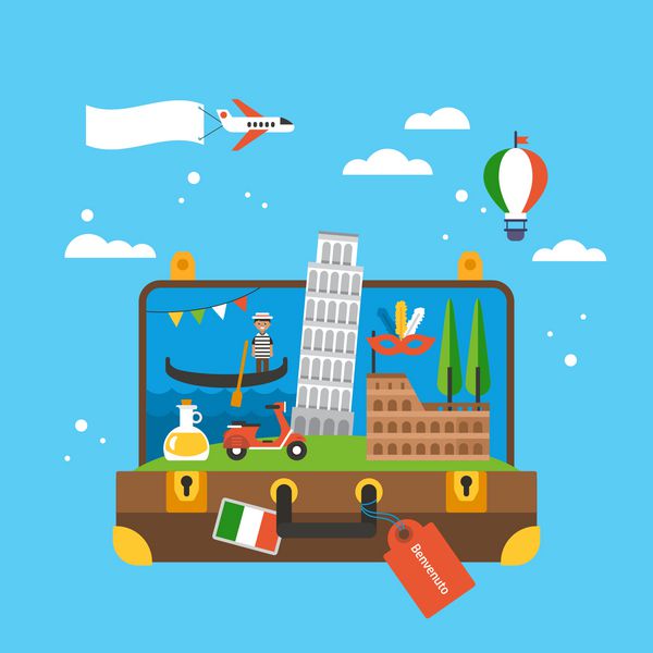 مفهوم سفر به ایتالیا با آیکون های برجسته در داخل چمدان عناصر تخت برای گرافیک وب و طراحی جدا شده بردار تصویر