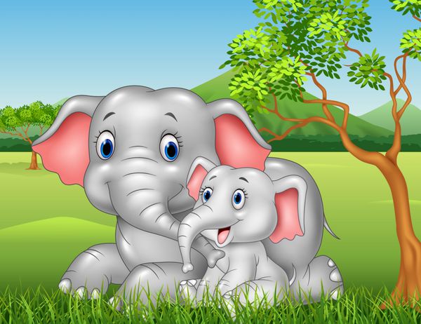 کارتون خنده دار مادر و نوزاد فیل در پس زمینه جنگل