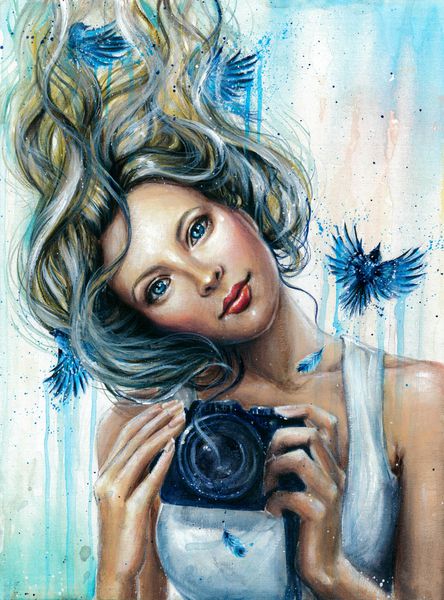 نقاشی از یک دختر گرفتن عکس با دوربین در دست و پرنده آبی در مو