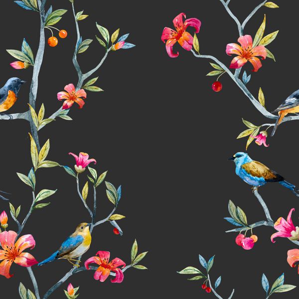 الگوی بدون درز آبرنگ با پرندگان و گل درخت تصویر زمینه بهار نرم گل صورتی پرنده آبی کمی پس زمینه سیاه و سفید