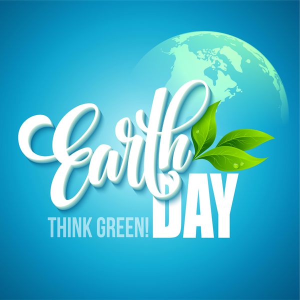 پوستر روز زمین تصویر برداری با علامت روز زمین سیارات و برگ های سبز EPS10