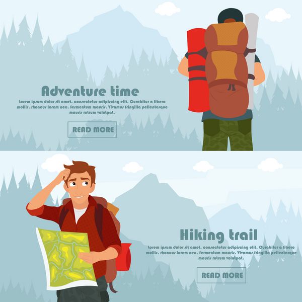 پرچم رنگی بردار بنر مجموعه آگهی افقی در مورد سفر ماجراجویی پیاده روی طبیعت کوه ها جنگل ها کمپینگ تعطیلات خانوادگی بردار