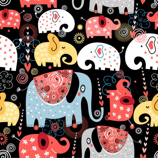 الگوی بردار زیبا از فیل های رنگارنگ در پس زمینه سیاه و سفید