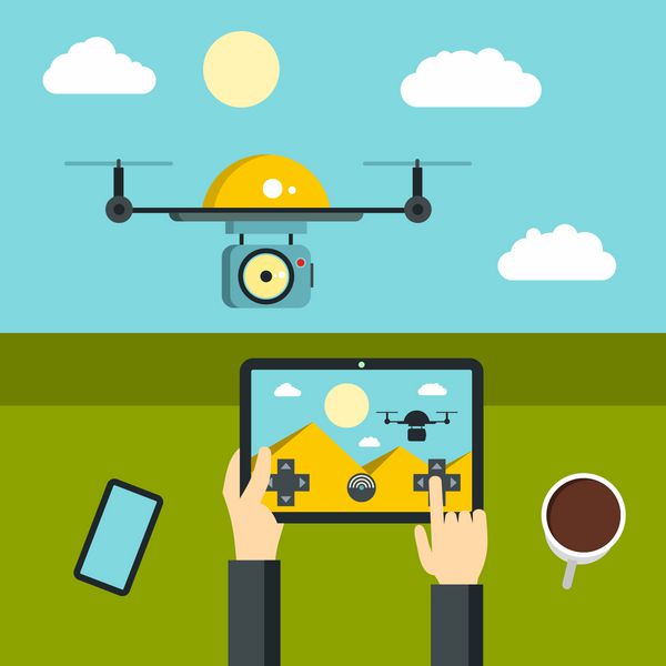 تصویر برداری با هواپیماهای بدون سرنشین و کنترل از راه دور برای quadrocopter در پس زمینه رنگی در سبک کارتونی