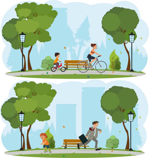 زن و کودک سوار دوچرخه سواری در اطراف پارک شهر بردار