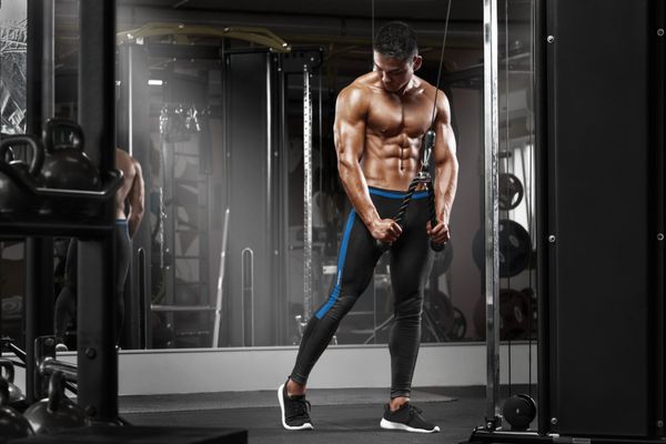 مرد عضلانی در ورزشگاه تمرین می کند و در تمرینات تریپسپس بدن مردی قوی تسکین می دهد