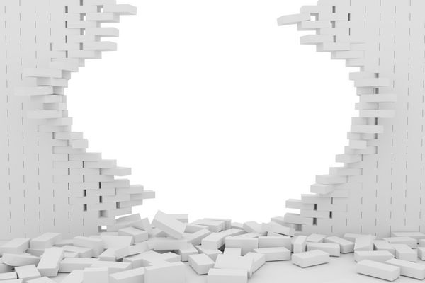 رندر 3D تخریب یک دیوار آجری سفید در زمینه سفید