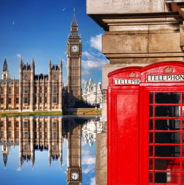 نمادهای لندن با BIG BEN و PHONE BOOTHS قرمز در انگلستان انگلستان