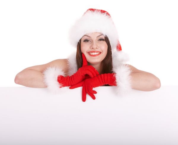 دختر کریسمس در کلاه سانتا با پرچم جدا شده