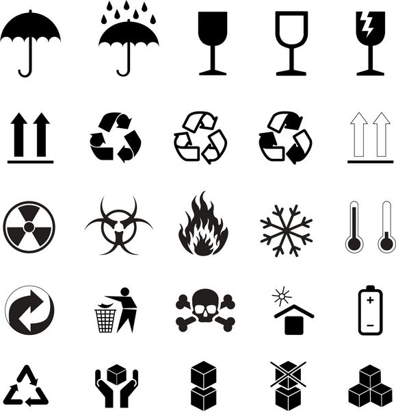 مجموعه ای از نمادها باربری سیاه و سفید جدا شده بر روی زمینه سفید