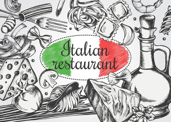 پس زمینه با انواع مختلف ماکارونی معتبر ایتالیایی و محصولات برای پاستا پخت و پز منو یا الگو نشانه برای رستوران دست کشیده تصویر برداری در سبک پرنعمت