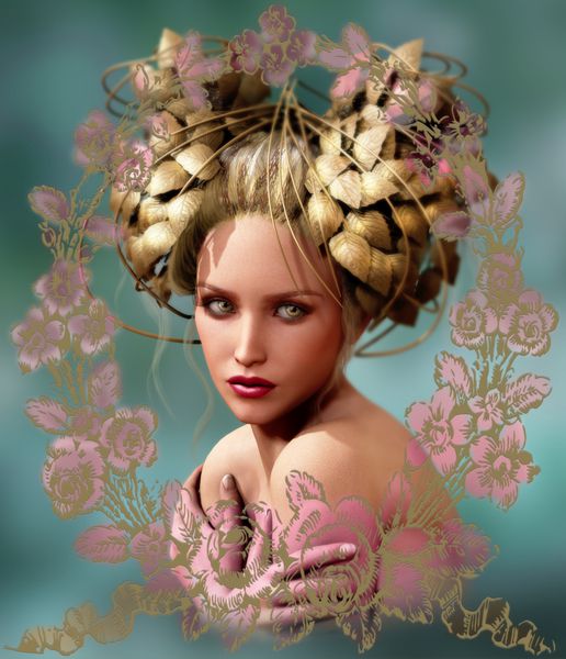 گرافیک کامپیوتری 3d از یک عکس زن جوان با headdress فانتزی
