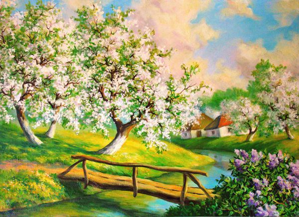 چشم انداز بهار با باغ های گلدار روغن نقاشی بر روی نقاشی بوم