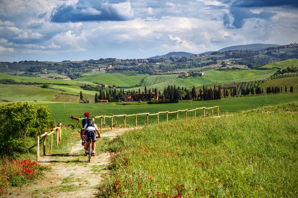 دوچرخه سواران کوهستانی در مسیرهای توریستی در توسکانی ایتالیا