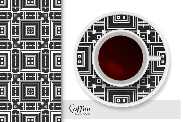 جام قهوه با تزئین سیاه و سفید بر روی یک بشقاب پرزدار و الگوی هندسی بدون درز مفهوم کسب و کار قهوه کسب و کار پس زمینه طراحی داخلی فنجان قهوه جدا عناصر دیجیتال پلاستیکی