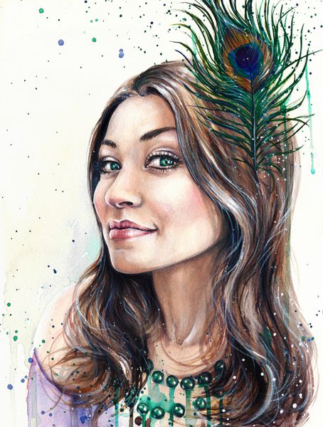 Watercolor painting of a girl with peacock feather in hair and green crystal jewelry Woman