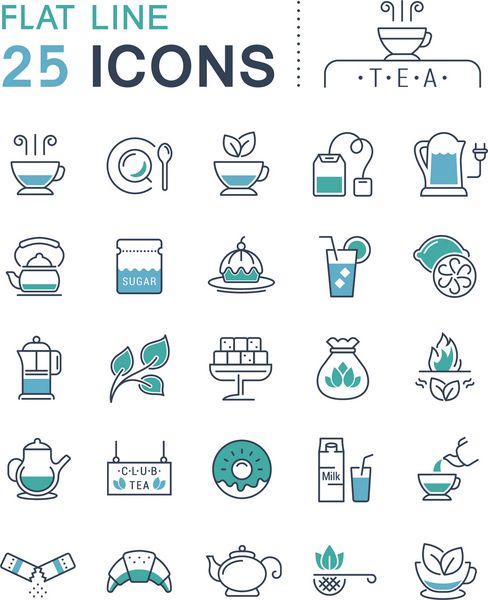 آیکون خط بردار را در چای و طراحی صاف و صبحانه با عناصر برای مفاهیم موبایل و برنامه های وب تنظیم کنید مجموعه لوگو و نماد عکاسی مدرن