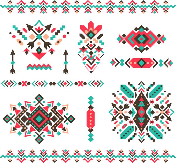 مجموعه ای از مد مکزیکی navajo یا aztec الگوهای بومی آمریکایی دکوراسیون قومی هندسی عنصر طراحی بردار بردار رنگی برای کوبی قاب و مرز چاپ پارچه پارچه یا کاغذ
