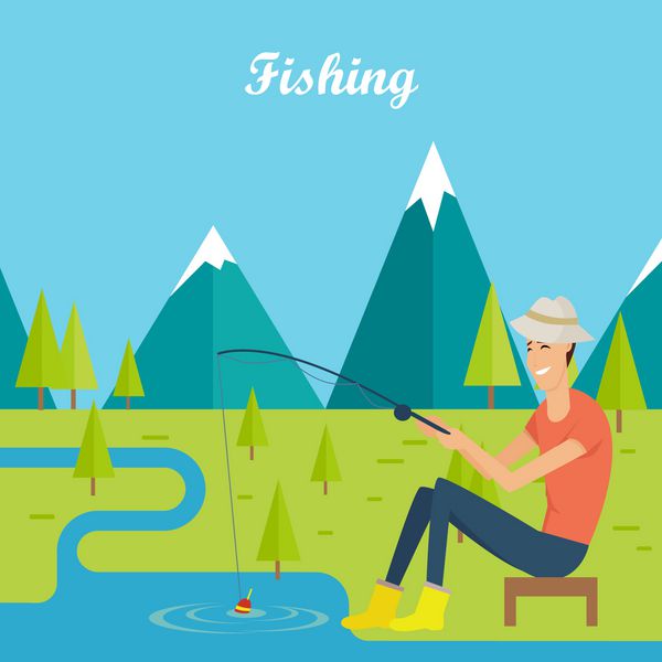 مفهوم ماهیگیری و کمپینگ مرد جوان ماهیگیری در دریاچه در کوه ماهیگیر در چشم انداز کوهستانی درختان تفریحی در فضای باز و آرامش بخش تصویر برداری در سبک صاف