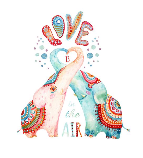 آبرنگ جفت فیل ها دوست داشتنی جدا شده بر روی زمینه سفید عشق در هوا است مفهوم در سبک کارتونی دست نقاشی تصویر حیوانات زیبا