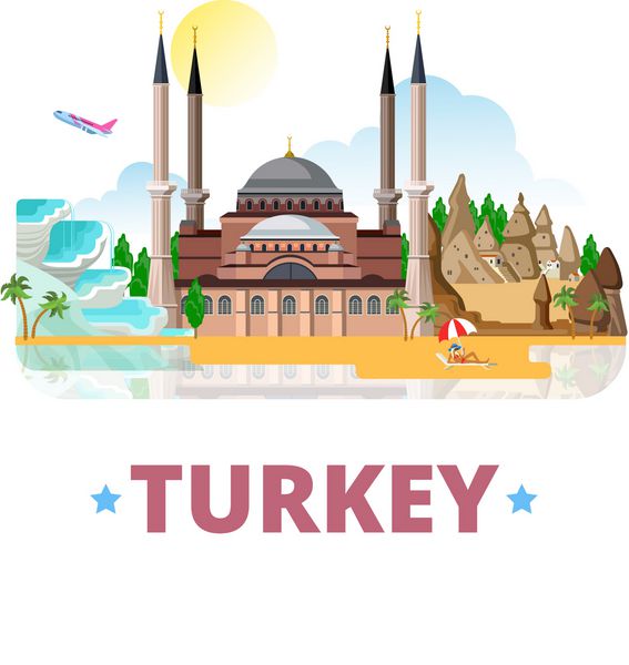 قالب طراحی کشور ترکیه تصویر برداری از کارت پستال تاریخی سفر گردشگری جهان آسیا آسیا مجموعه پاموککلای کاپادوکیا حجیه سوفیا در استانبول