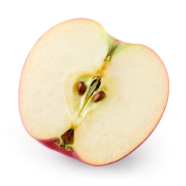 سیب نیمه جدا شده بر روی سفید نمای بالا با مسیر قطع