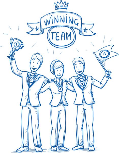 مبارک موفق تیم کسب و کار مردان و زنان در موقعیت برنده مفهوم کار تیمی خوب است دست کشیده خط هنر کارتون برداری تصویر برداری