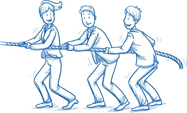 تیم کسب و کار مبارک مردان و زنان کشیدن یک طناب با هم کشیدن جنگ مفهوم کار تیمی خوب است دست کشیده خط هنر کارتون برداری تصویر برداری