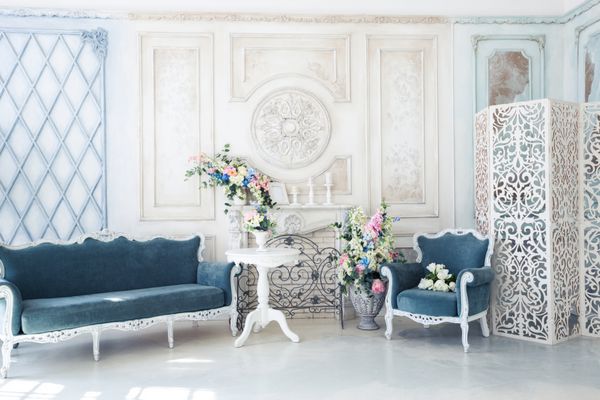 اتاق نشیمن با نور سفید و آبی رنگی روشن با گل در گلدان دیوارها با دکوراسیون باروک تزئین شده اند